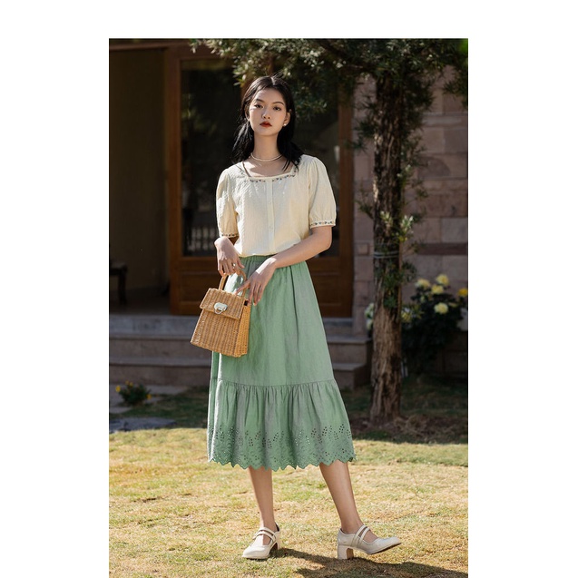 Áo Sơ Mi Cotton Ngắn Tay Cổ Vuông Thêu Họa Tiết Thời Trang Mùa Hè Cho Nữ