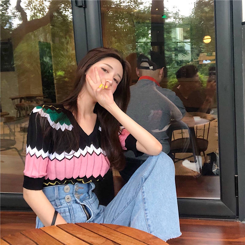 Áo Thun Lụa Lạnh Tay Ngắn Cổ Chữ V Khoét Lỗ Đính Đá Phong Cách Hong Kong Thời Trang Mùa Hè Cho Nữ