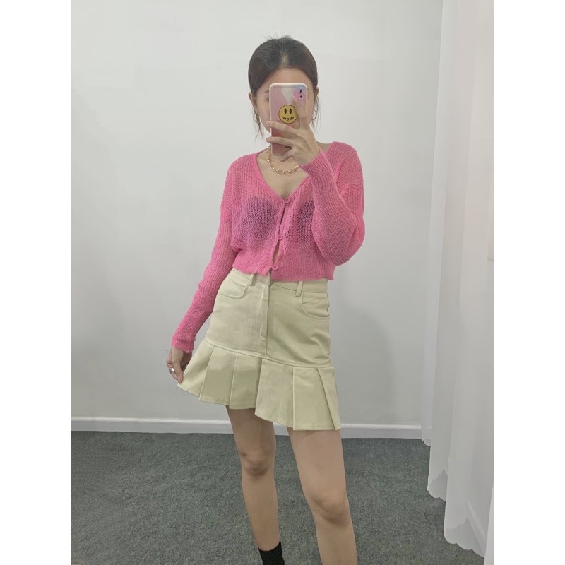 Áo cardigan nữ len mỏng màu trắng/hồng/xanh lá/xanh dương + Chân váy kaki chữ A xếp ly đuôi màu hồng/kem - Meadow