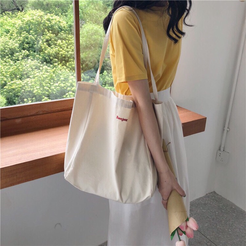 Túi tote vintage size lớn IN chữ &quot;BONJOUR&quot;