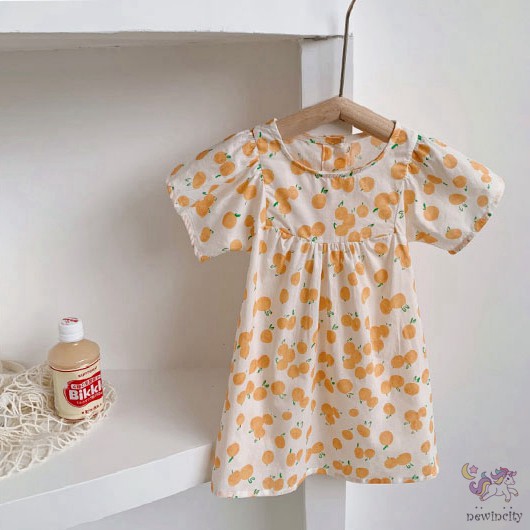 Đầm Tay Ngắn In Hình Quả Cam Dễ Thương Cho Bé Gái