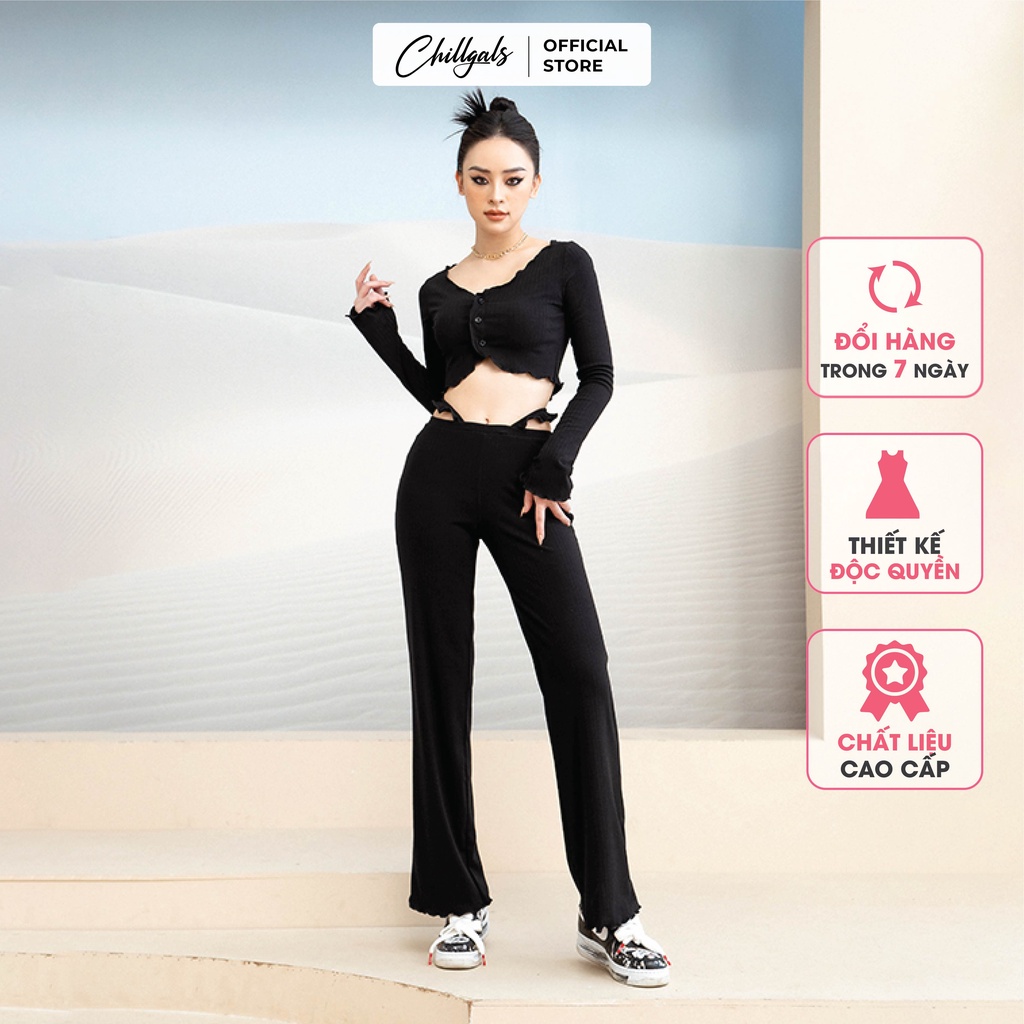 Set đồ len tăm dài tay cuộn bèo Chillgals cổ tròn tôn ngực, khoe eo xinh xắn - Màu Đen