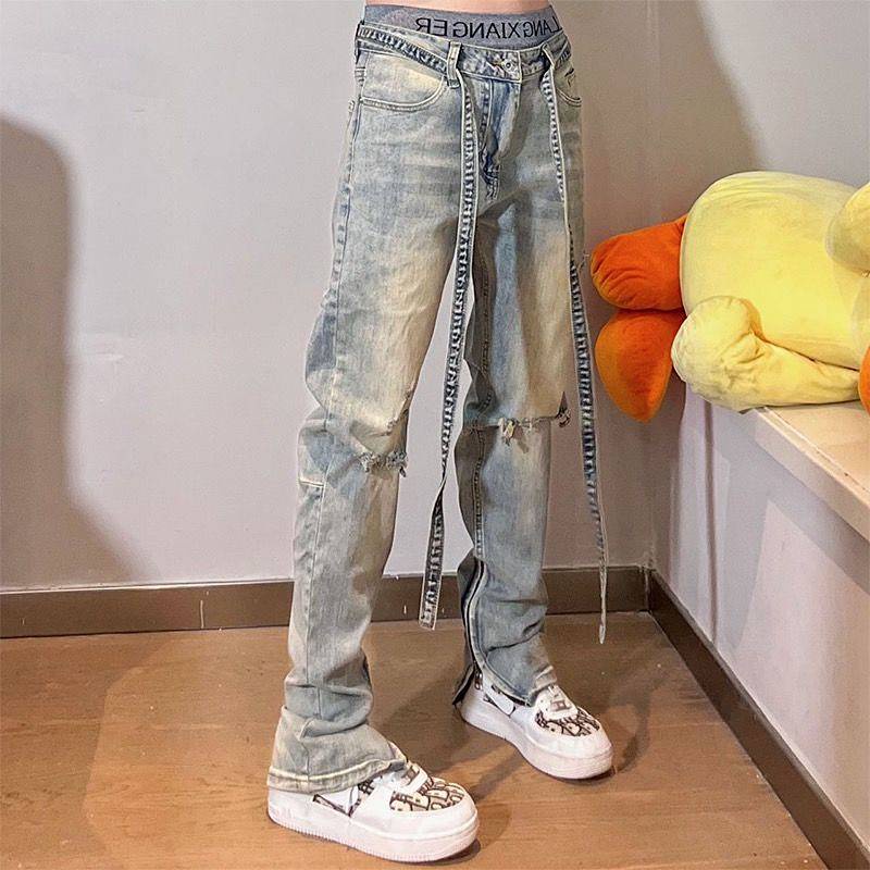 Quần jeans nam dáng dài phối dây phong cách đường phố Mỹ cá tính