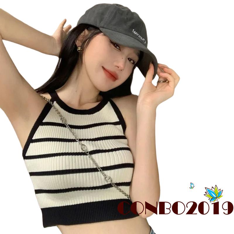 Áo Croptop Dệt Kim Không Tay Cổ Tròn Họa Tiết Kẻ Sọc Vintage Cho Nữ