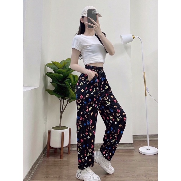 Set áo croptop + long pant 3D / Set croptop quần bom họa tiết ống suông dây rút