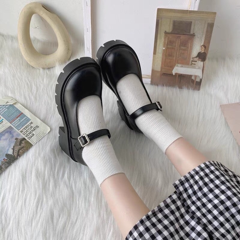 Giày Oxford nữ chất Da Đế Dày Mũi Tròn Phong Cách Retro Nhật Bản, Giày Búp Bê Nữ Kiểu Dáng Lolita Quai Cài Đế Cao 5p