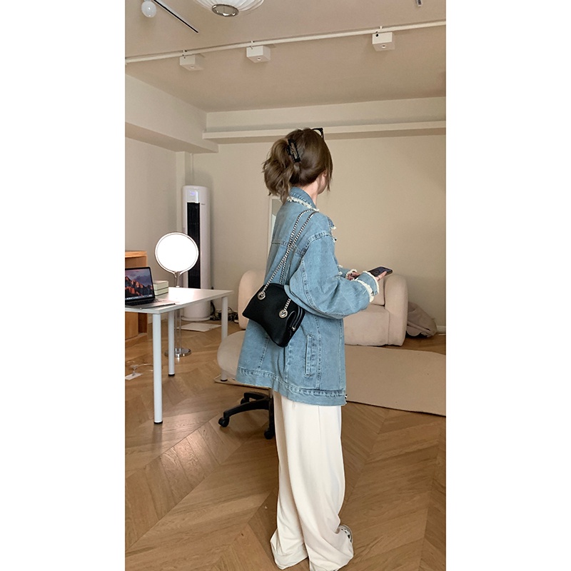 【ZHELIHANGFEI】Áo Khoác Denim Dáng Rộng Phối Tua Rua Kiểu Vintage Cá Tính