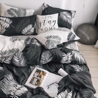 Bộ Drap & Chăn Phao Cotton Poly Lá Me Đen