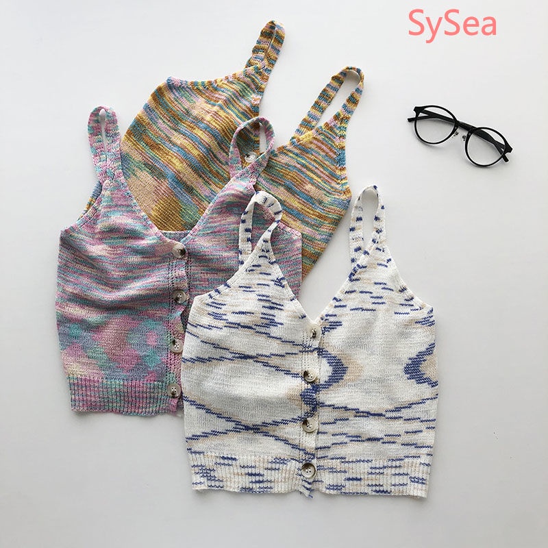 Áo Croptop Dệt Kim Sát Nách Màu Cầu Vồng Thời Trang Mùa Hè Cho Nữ