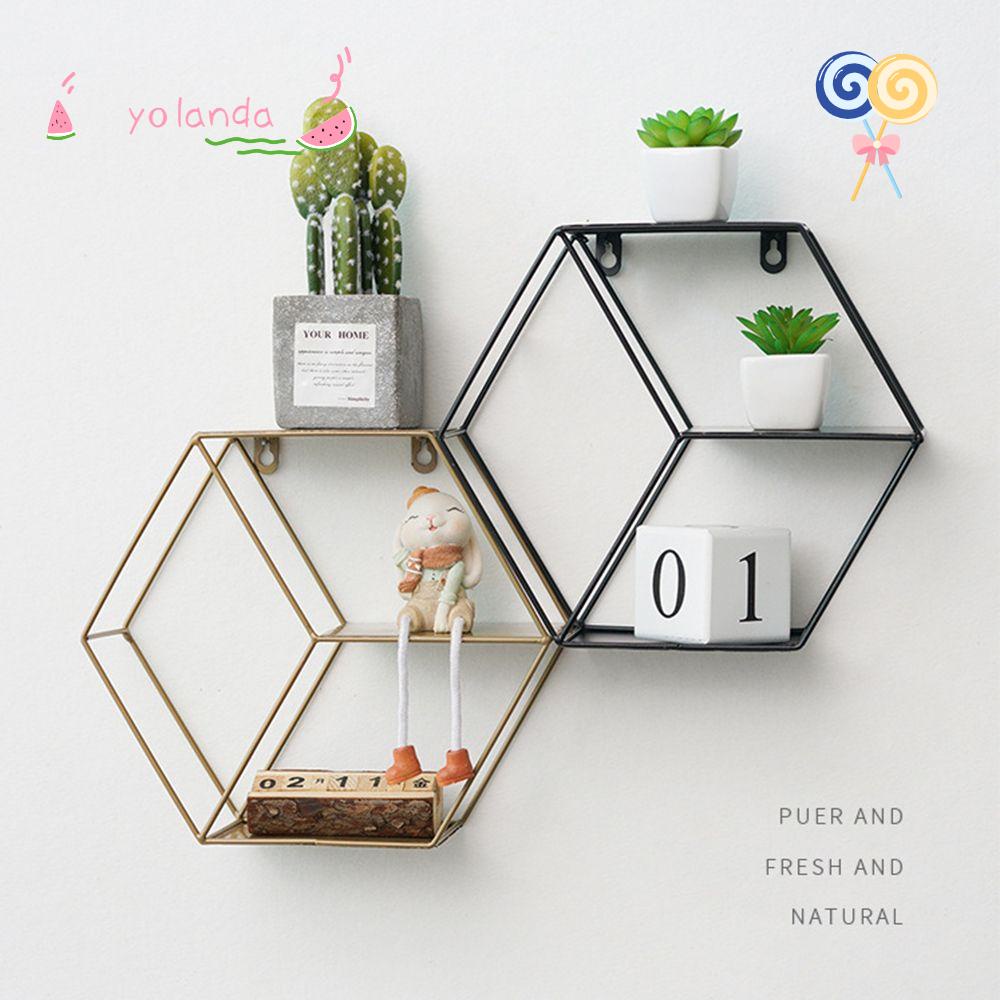 ☆YOLA☆ Nordic Style Wall Shelf Iron Collection Rack Hexagonal Grid Wall Frame Hangers Bedroom Living Room Home Background Wall Decorative/Multicolor