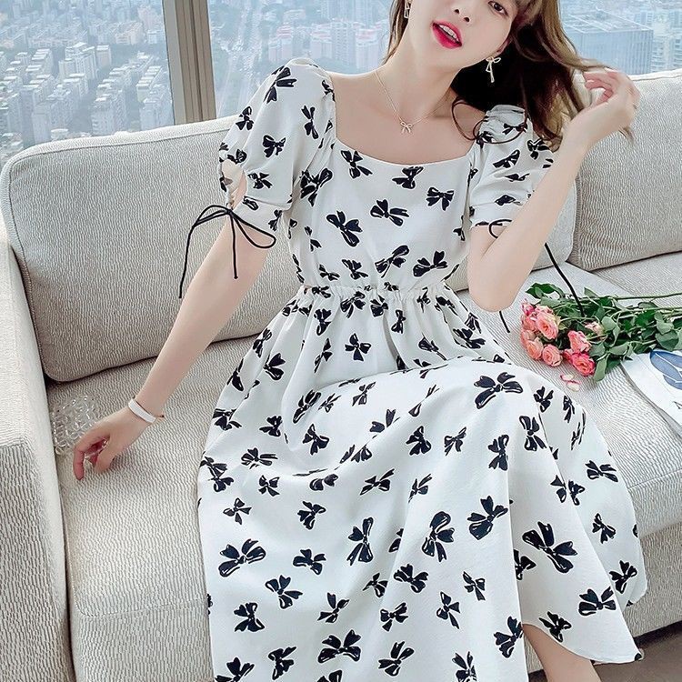 Classic French Low Waist Dress Korean Style Butterfly Square Print Square Neck Fashion White Skirt