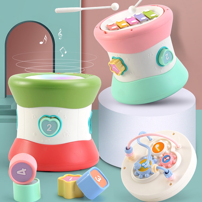 trống đồ chơi 2 mặt thay đổi có phát nhạc và đèn nhấp nháy 607 vui nhộn dễ thương