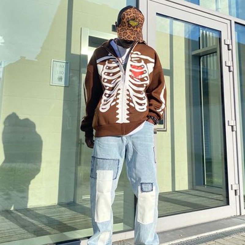 Áo Khoác Hoodie Khóa Kéo In Hình Bộ Xương Phong Cách Harajuku Punk Thời Trang Đường Phố Cho Nam