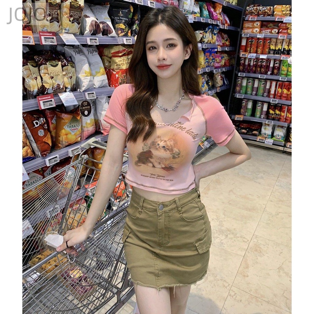 Áo Thun Nữ Ngắn Tay Cổ Chữ v In Hình Mèo Phong Cách Hong Kong