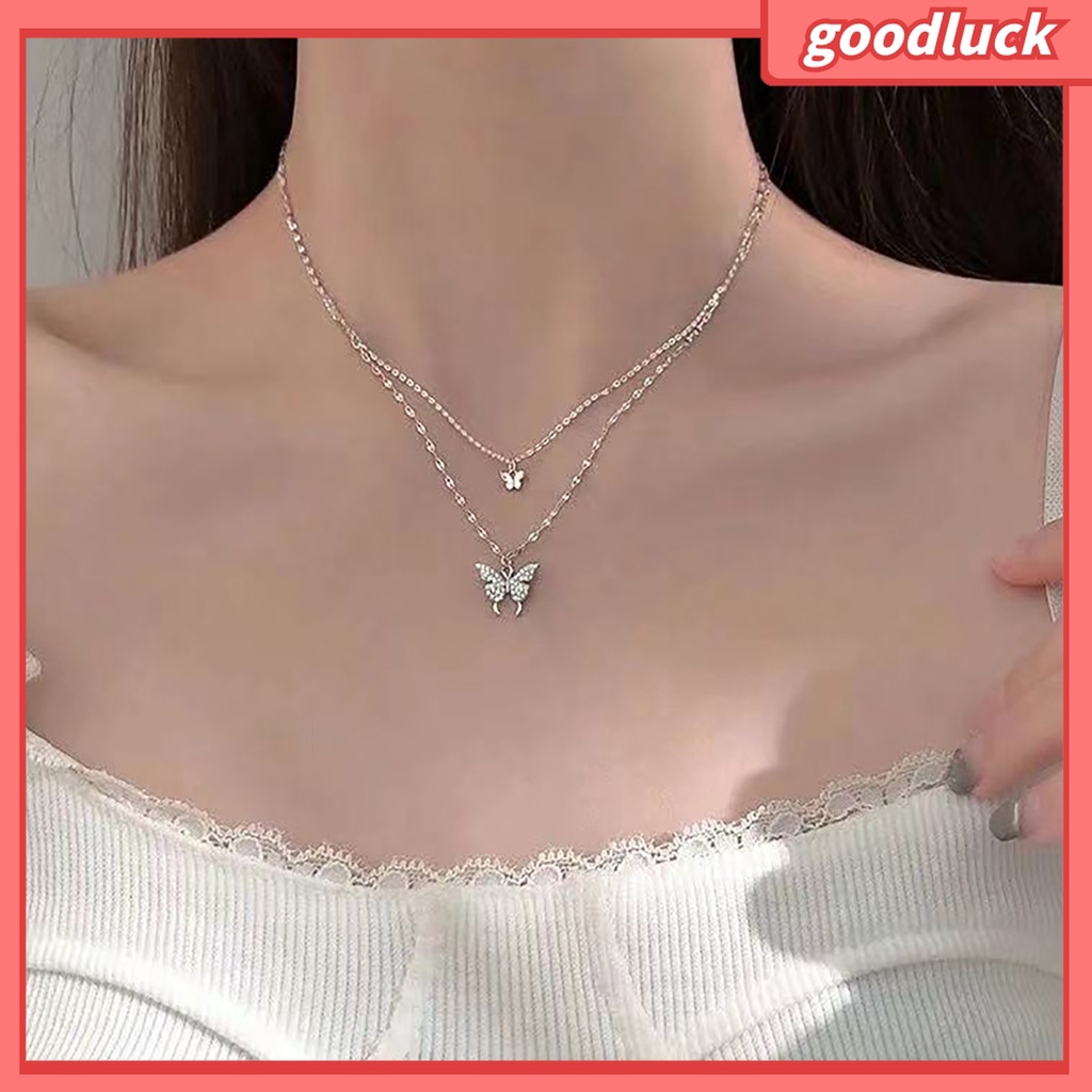 Goodluck| Vòng cổ Hai Lớp Bằng Hợp Kim Mặt Hình Bướm Chống Gỉ Thời Trang Cho Nữ