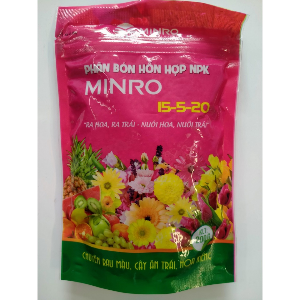 Phân bón hỗn hợp Minro NPK 15-5-20. Ra hoa, dưỡng trái gói 200gr