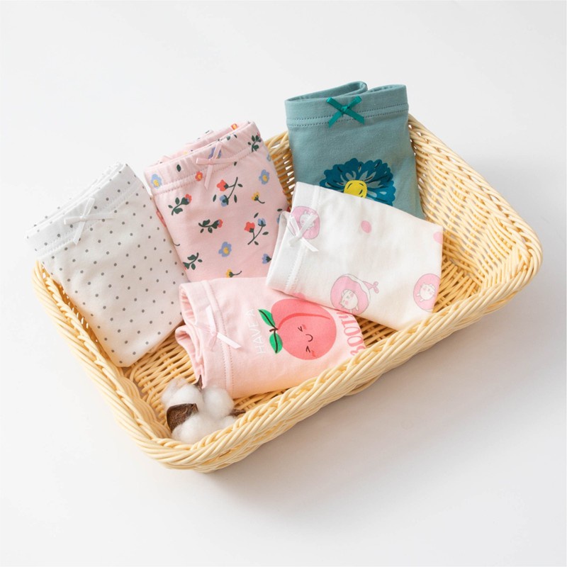 Bộ 5 Quần Lót Boxer Cotton Thoáng Khí In Họa Tiết Quả Đào Hoạt Hình Cho Bé Gái 3-12 Tuổi