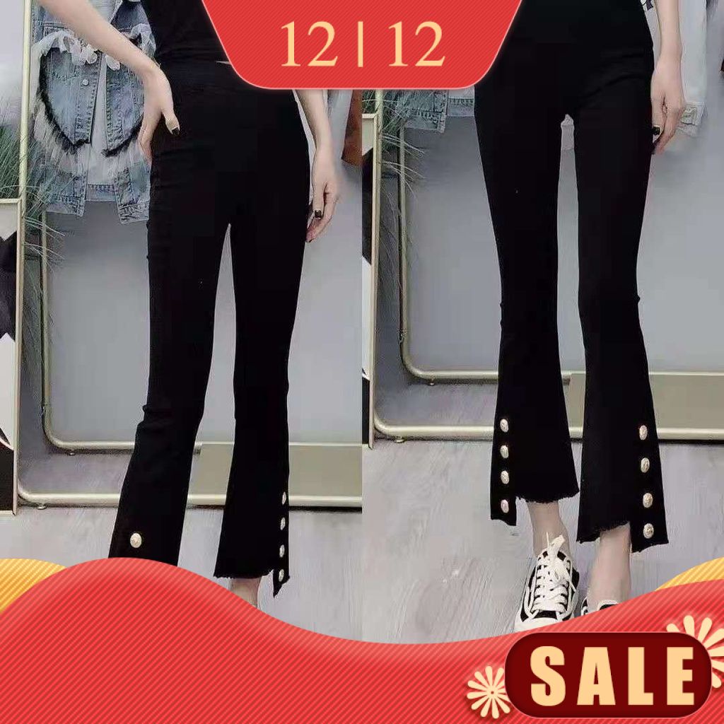 Quần lưng co giãn dáng ôm phối bốn nút gài kiểu xẻ tà không đồng đều thời trang mùa thu phong cách Hàn Quốc