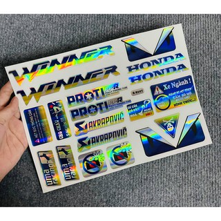 TEM MẠ CROM DÁN XE WINNER KÈM CÁC LOGO THƯƠNG HIỆU & CẢNH BÁO