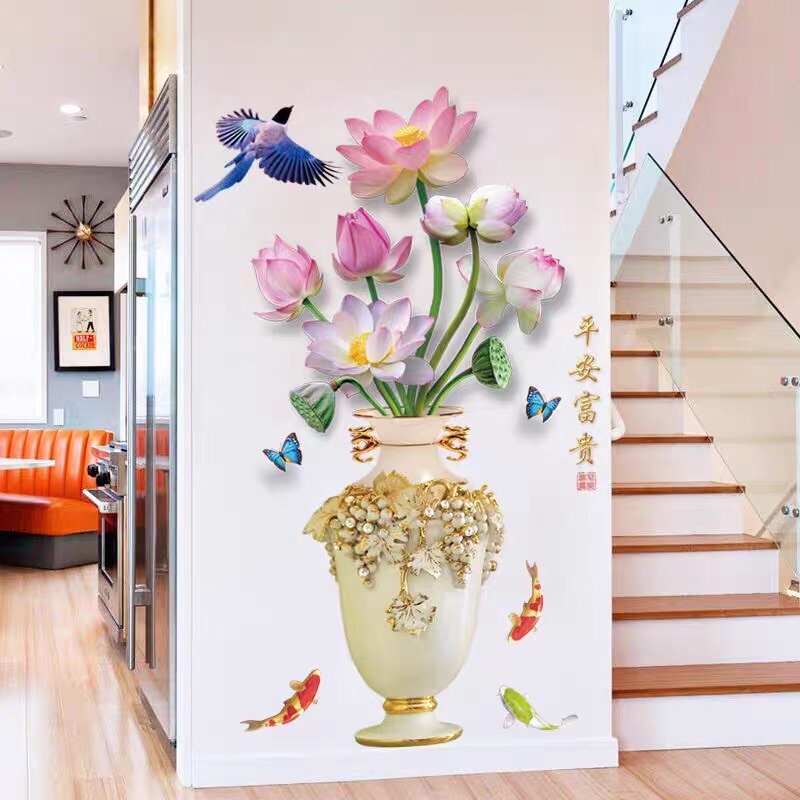 Combo 2 tấm decal dán tường bình sen và công trang trí phòng khách
