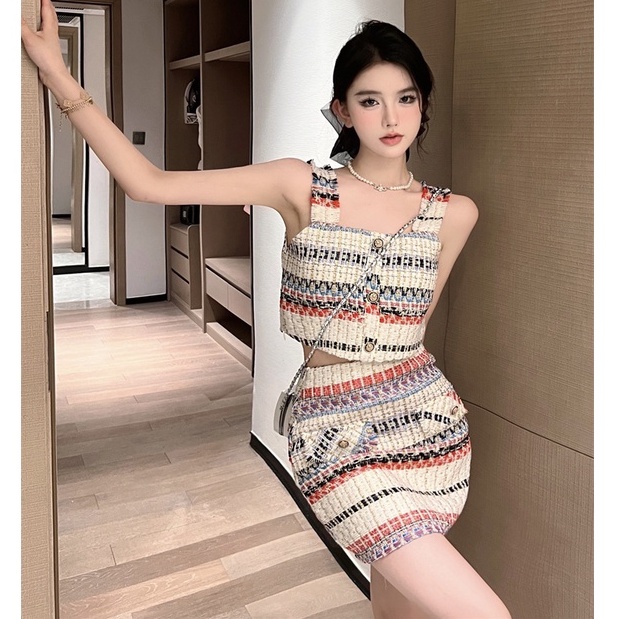 Bộ Áo Hai Dây + Chân Váy Eo Cao Ôm Dáng Thời Trang Mùa Hè Hàn Quốc Hàng Mới Cho Nữ