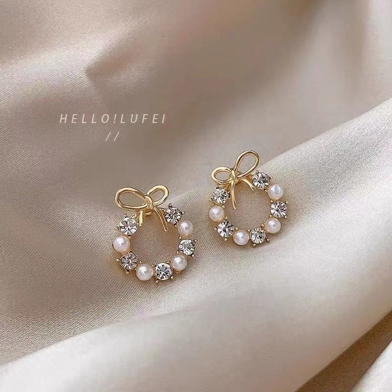 S925 silver metal small pearl bow earrings