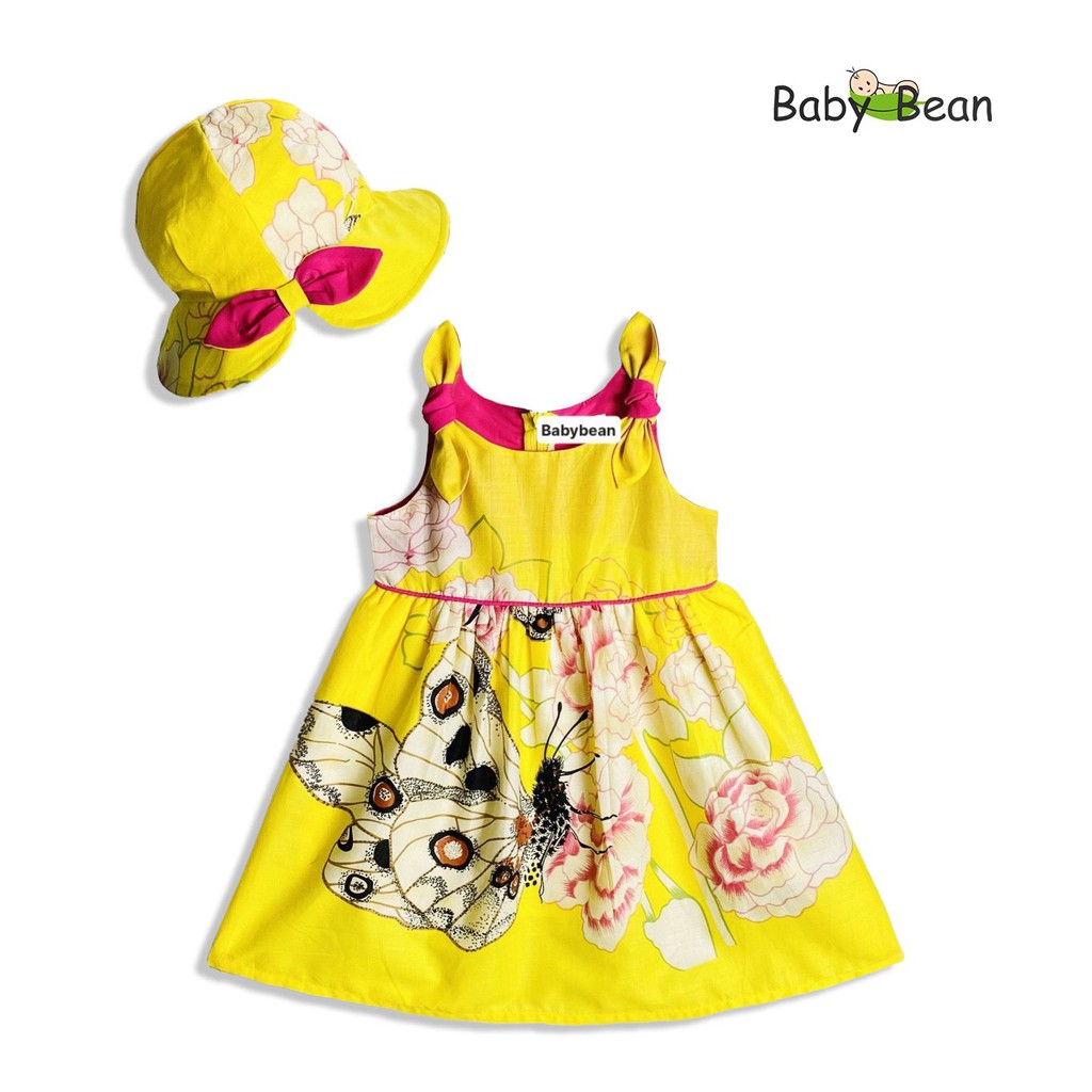 Đầm Cotton Viền Eo Nơ Vai Thêu Bông Chân bé gái BabyBean