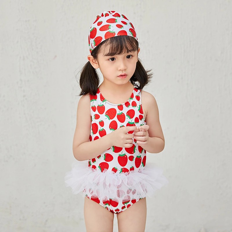 Đồ bơi một mảnh hoạ tiết dâu cho bé gái