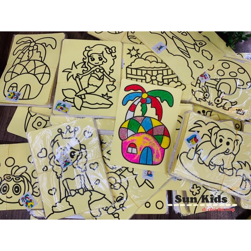 [Giá Rẻ] Combo 10 Tranh Cát (Kèm 9 Túi Cát) Cho Bé Size A5 Nền Vàng