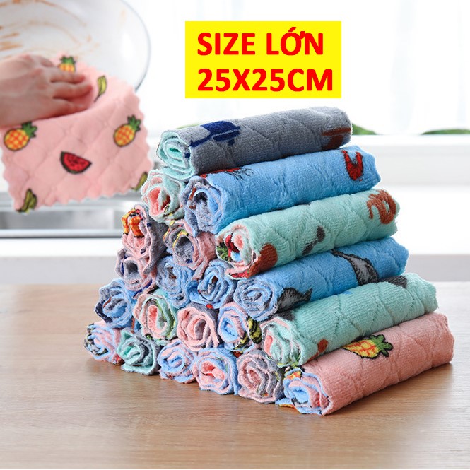 Khăn Lau Bếp Đa Năng 25x25cm Siêu Thấm 2 Mặt, Lau Tay, Lau Chén Bát, Lau Bàn Họa Tiết Ngộ Nghĩnh