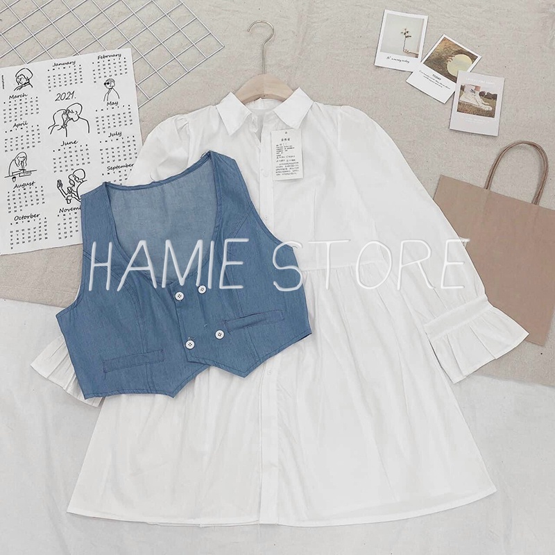 Set váy sơ mi dáng ngắn tay bồng xòe mix áo gile HV702