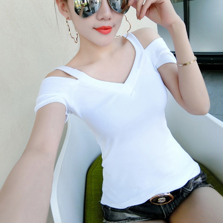 ✠◘Cotton mùa hè thời trang mới cổ chữ v quần áo bó sát gợi cảm nữ tay ngắn Hàn Quốc thun trắng mỏng