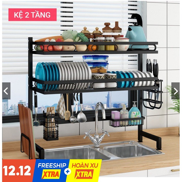 [Xả hàng] Kệ Để Chén Đĩa Thông Minh 1 Tầng và 2 Tầng – Chất Liệu Thép Carbon Sơn Đen Cao Cấp, Có Tĩnh Điện, Chống Han Gỉ