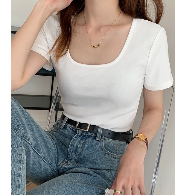 Áo Thun Mỏng Cổ Vuông Ngắn Tay Dáng Ôm Thời Trang Mùa Hè 49113