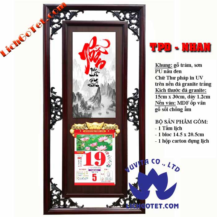 LỊCH GỖ CHỮ NHẪN THƯ PHÁP ĐÁ