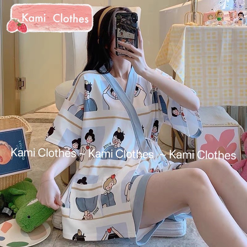 Bộ yukata ngắn tay buộc dây hình cặp đôi dễ thương, bộ Pijama nữ dây eo cộc tay icon - KAMI Clothes | BigBuy360 - bigbuy360.vn