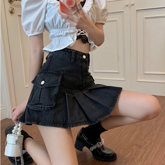 [ Sẵn ] Chân Váy jean chữ A, túi 2 bên xếp ly cá tính Lemontaobao | BigBuy360 - bigbuy360.vn