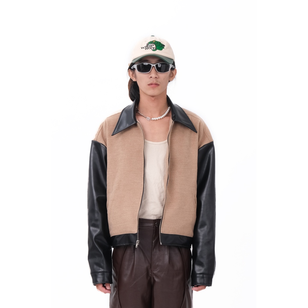 Áo Khoác Dạ Mix Da PU Wavy Placket Leather Mix Jacket