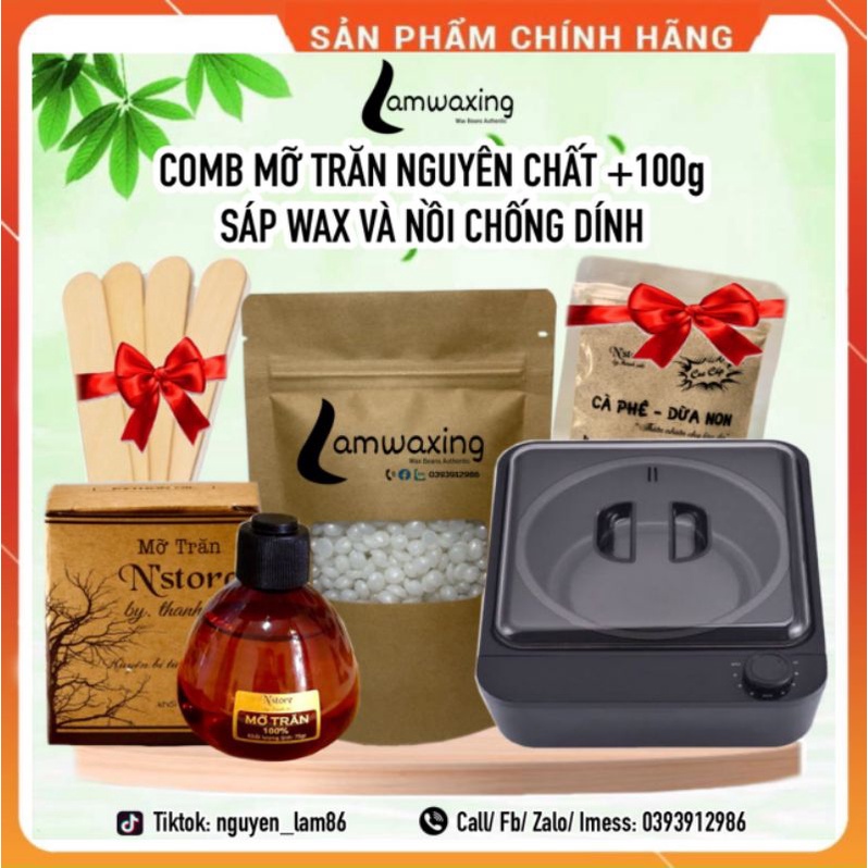 [Hàng Chính Hãng] Combo Nồi Nấu Sáp Chống Dính Chuyên Dụng, 100 Gram Sáp Wax Beans, Mỡ Trăn Nguyên Chất Triệt Lông