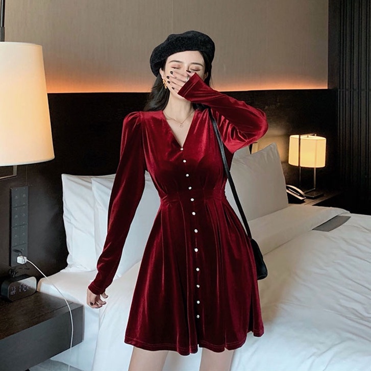 Váy đỏ nhung cổ V dài tay bo nữ dáng chữ A Đầm nhung nữ học sinh dáng xòe tiểu thư vintage HAN SARA STORE