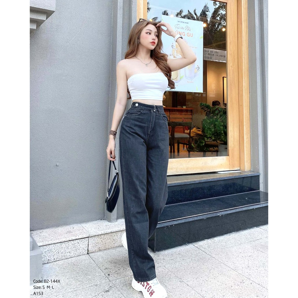 Quần jean nữ ống rộng lưng cao Kpboutique mã B2-144X màu đen, hình shop chụp 100%, cam kết đổi trả nếu không hài lòng