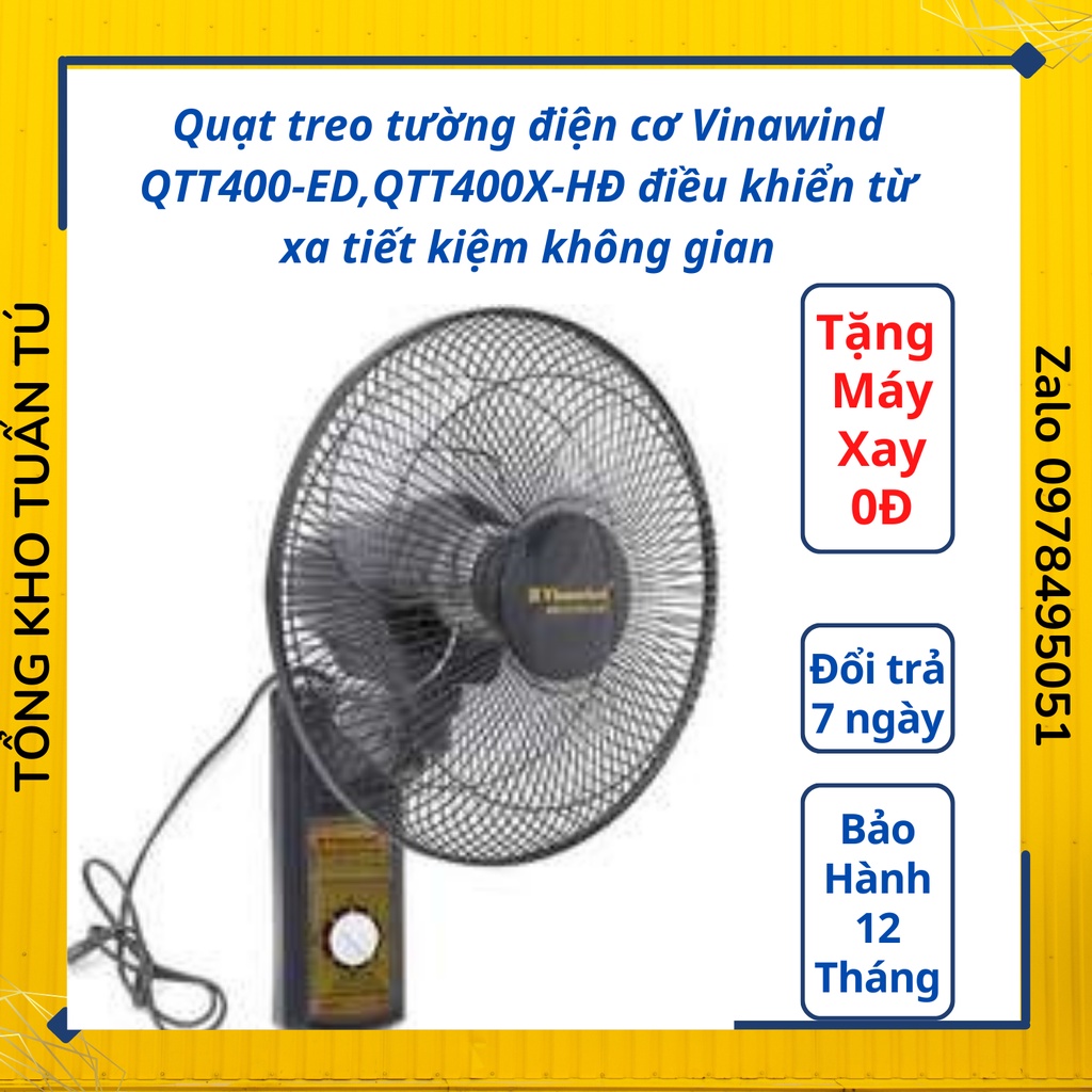 Quạt treo tường điện cơ Vinawind QTT400-ED,QTT400X-HĐ điều khiển từ xa tiết kiệm không gian