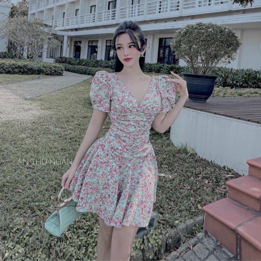 Váy Thiết kế Hoa Nhí, Váy họa tiết hoa nhỏ, dúm bụng cổ V phong cách trẻ trung thanh lịch - Puza | BigBuy360 - bigbuy360.vn