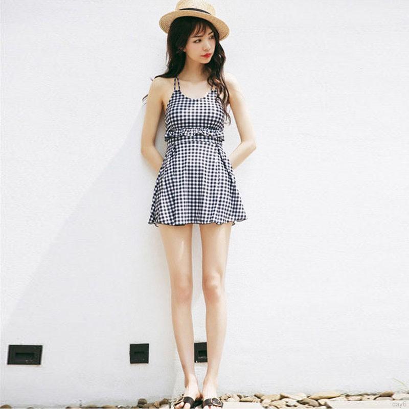 Korea Fashion New Plaid Sexy Small Chest Gathered Thin Swimsuit Female Conservative Student Conjoined Plus Size Swimsuit