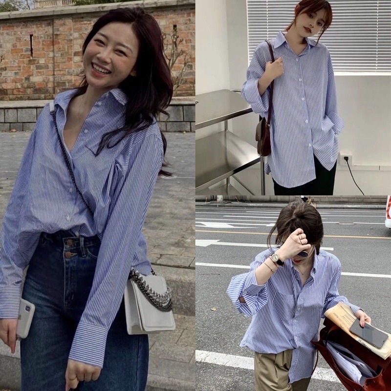 [Ảnh thật/video] Áo sơmi kẻ tay lỡ Ulzzang cổ thuỷ thủ kèm khăn choàng (có thể tháo rời)