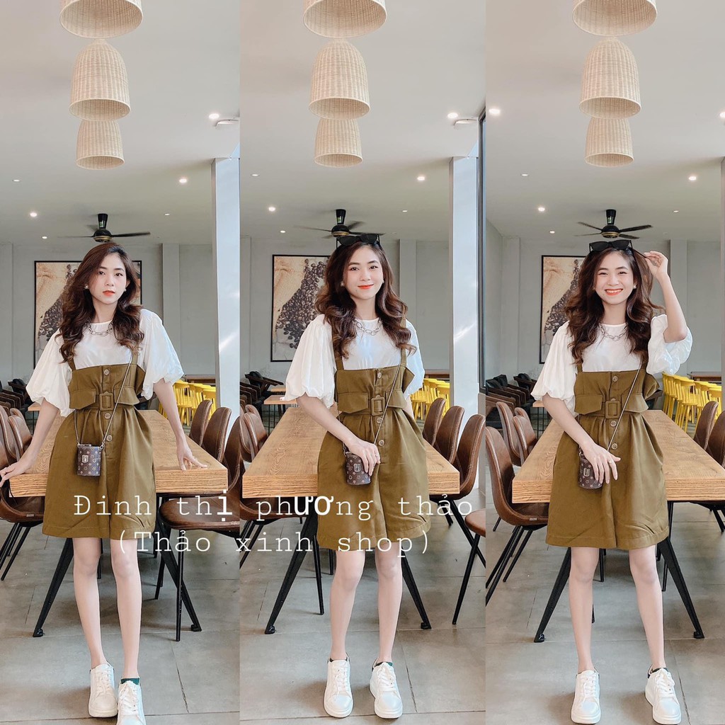 Sét Yếm Hè Mix Áo Sơ Mi Tay Cộc Bồng Cực Xinh Cho Các Bạn Nữ Đủ 2 màu Đen Nâu.