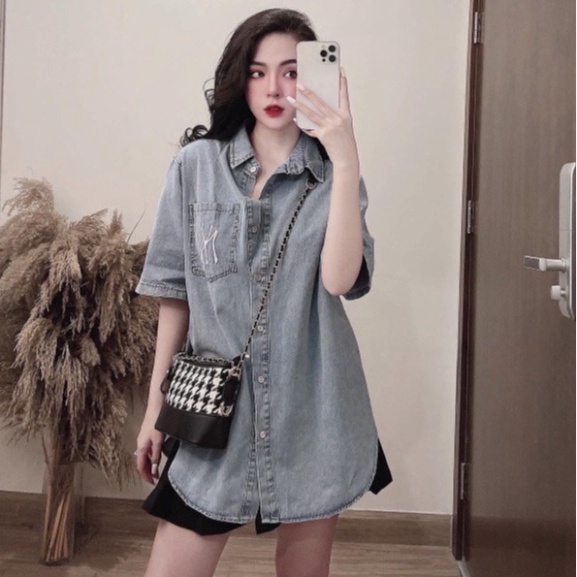 (Hàng Đẹp) áo jean nữ form rộng thêu NY - áo bò nữ Mickey from thụng xinh cá tính bán theo phân loại (ảnh thật)
