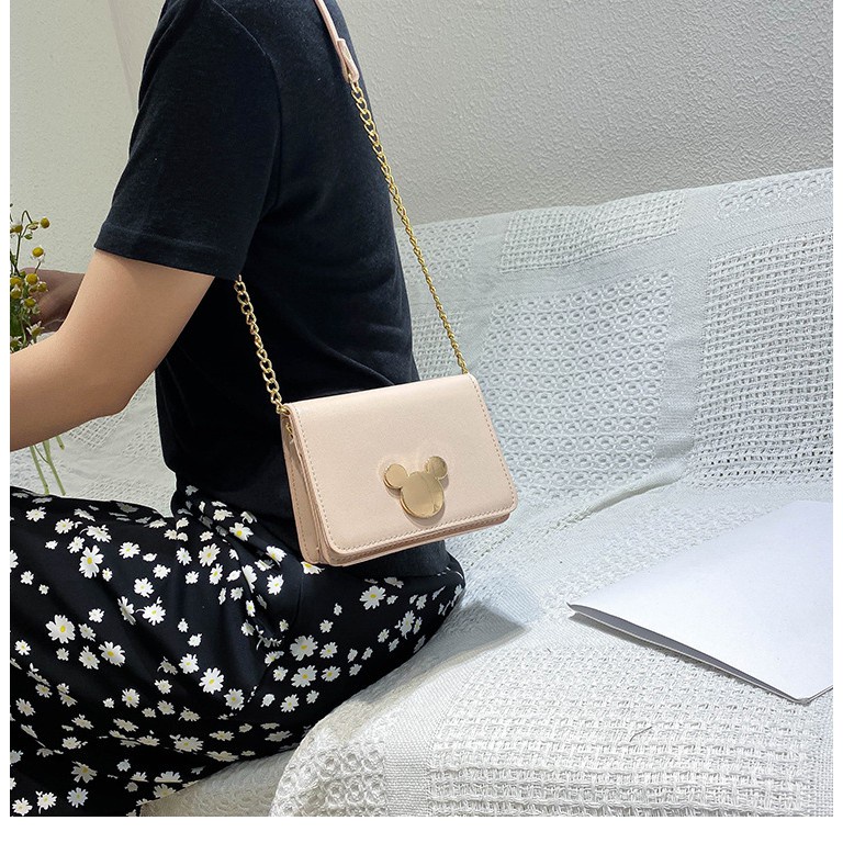 Túi Xách Nữ Đeo Chéo Nắp Gập Khóa Chuột MicKey Nhở Gọn Chất Lượng Cao