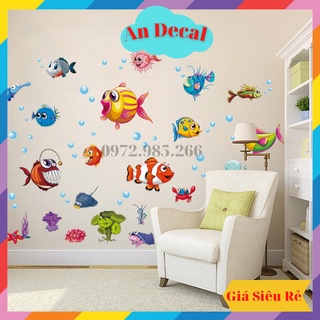 Tranh decal, decal dán tường trang trí phòng, nhà tắm cho bé đàn cá sắc màu nhỏ xinh