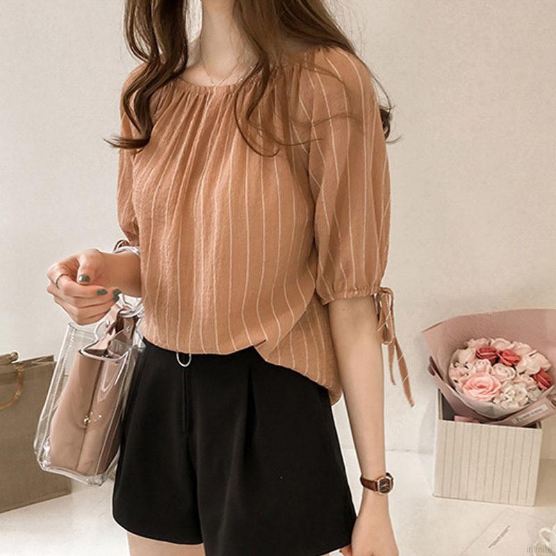 Áo kiểu chất Chiffon hoạ tiết kẻ sọc cho phái nữ